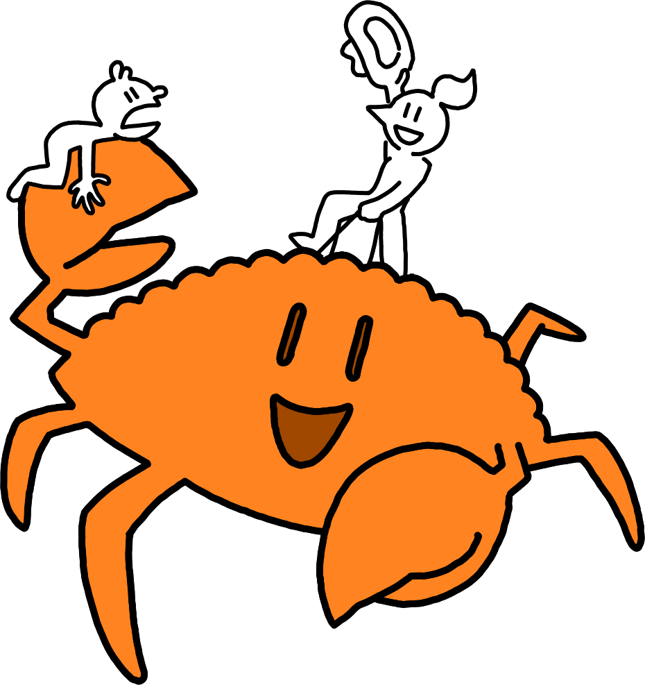 Betty is riding a giant crab, while Alfie screams, hanging on to a claw.